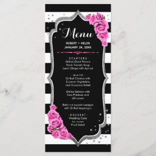 Cartão de Menu Preto Rosa Branco Prata