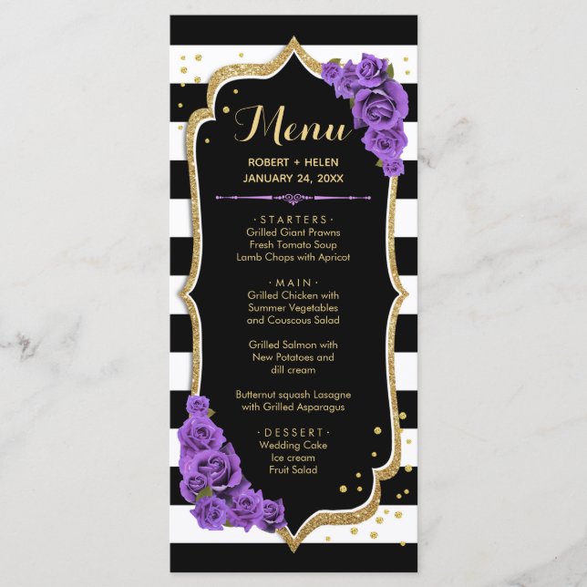 Cartão de Menu Preto Roxo Dourado (Frente)