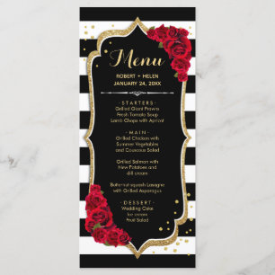 Cartão de Menu Preto Vermelho Dourado Branco