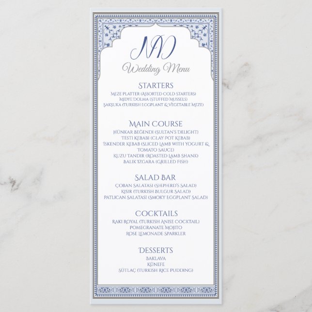 Cartão de Menu Real Turco de Casamento (Frente)