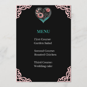 Cartão de Menu Recepção de Casamento Coração Quill