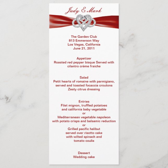 Cartão de Menu Red Infinity Heart Wedding (Frente)