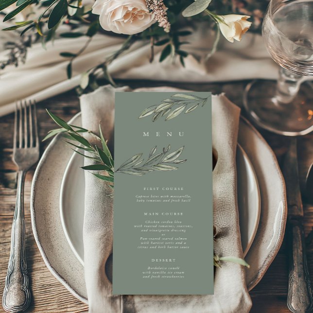 Cartão de Menu Romântico Evergreen (Romantic Evergreen watercolor botanical wedding menu cards)