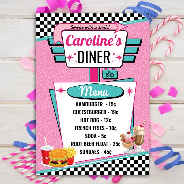 Cartão de Menu Rosa e Azul Turquesa de Lanchonete  (Criador carregado)