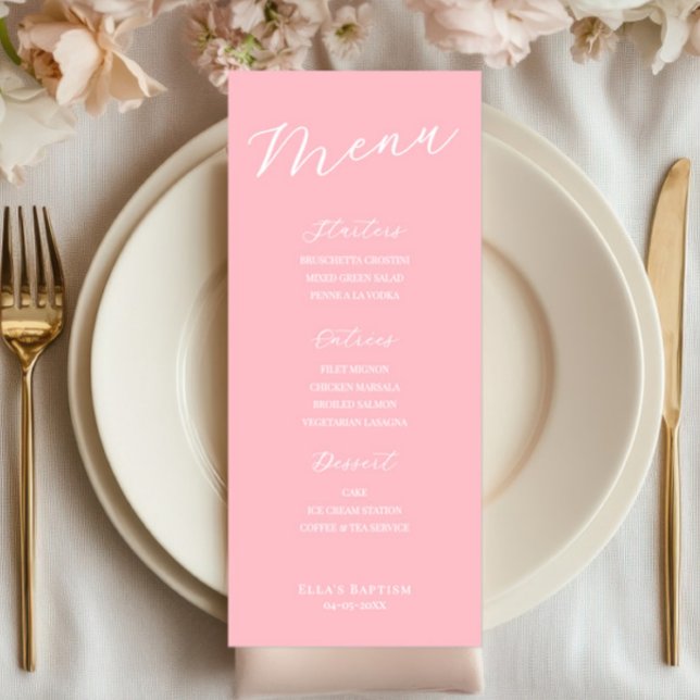 Cartão de Menu Rosa Simples Minimalista (pink menu sign, wedding menu, bridal shower, baptism decor, simple minimalist, elegant reception)