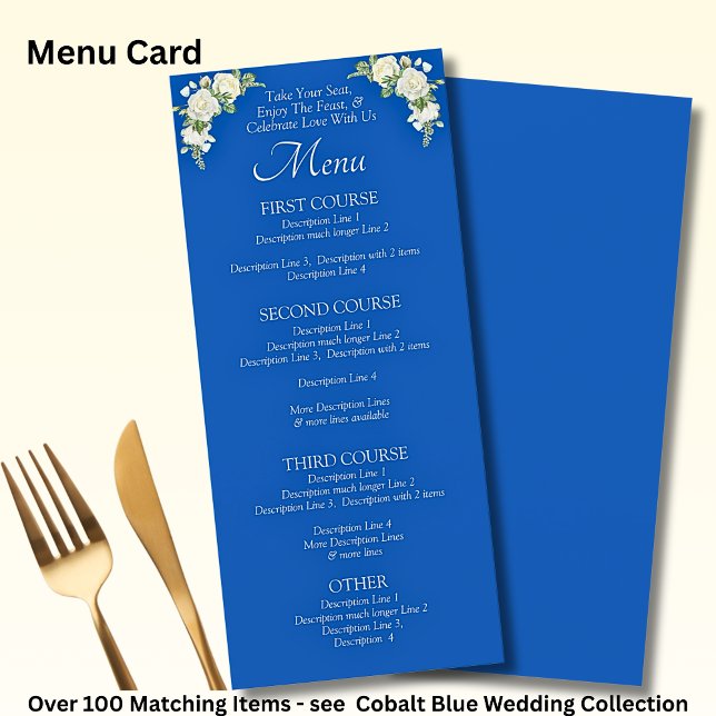 Cartão de Menu - Rosas Azul e Brancas Cobalto (Criador carregado)