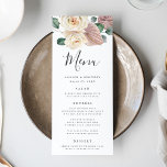 Cartão de Menu Rosas e Orquídeas de Aquarela<br><div class="desc">Cartão de noiva floral elegante com uma borda superior de rosas brancas-creme pintadas, orquídeas cor-de-rosa-pincel e folhas verdes e folhagem. Personalize os menus do casamento floral adicionando seus nomes, data do casamento e detalhes do menu do casamento. Projetado para coordenar com nossa coleção de casamento de Rosas de Aquarela e...</div>