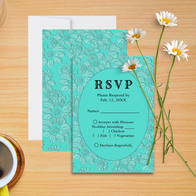 Cartão de Menu RSVP de Casamento de Turquesa Român (Romantic Daisies Turquoise Wedding RSVP Menu Card)