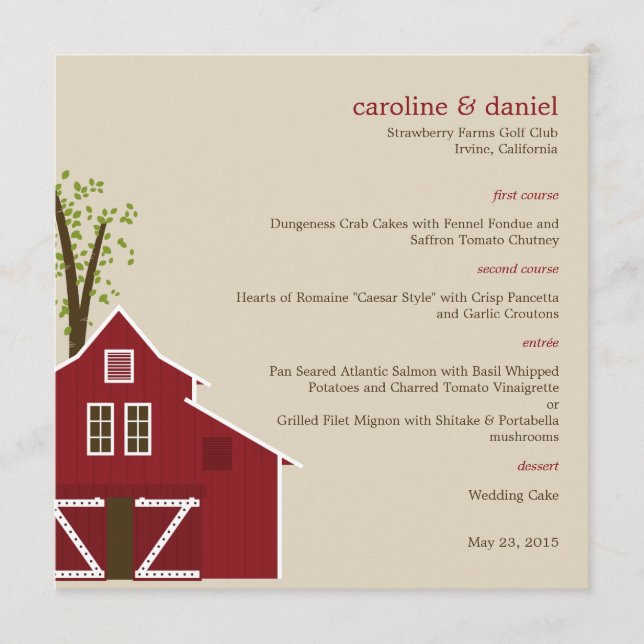 Cartão de Menu Rustic Barn Wedding (Frente)
