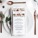 Cartão de Menu Rustic Bloom<br><div class="desc">O menu de casamento Chic de outono apresenta os seus cursos iniciais, entretenimentos e sobremesas em letras elegantes, com os seus nomes e data de casamento cercados por rosas de aquarelas e mães em tons de outono de marsala, burgundy, rosa-pincel e marfim, com folhas verdes escuras e folhagem. Coordena a...</div>