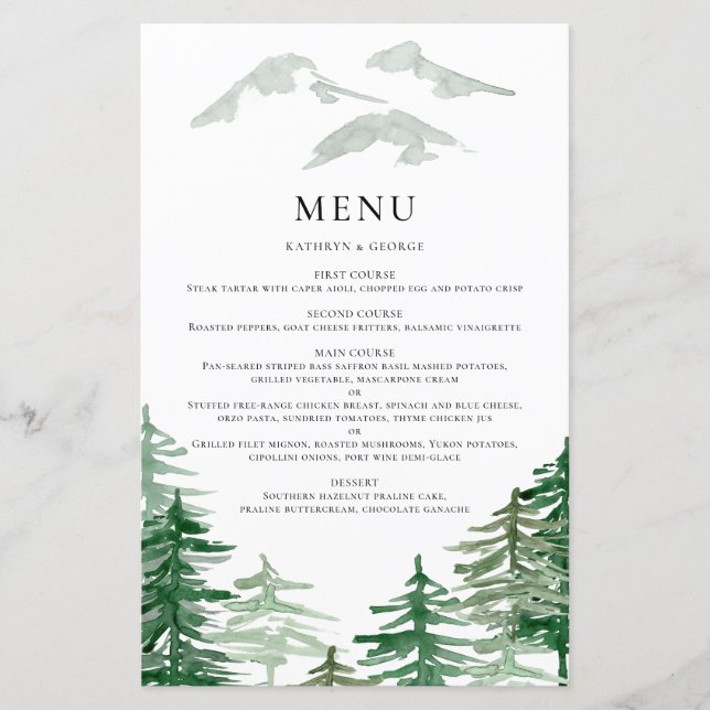 Cartão de Menu Rustic Watercolor Woodland Wedding (Frente)