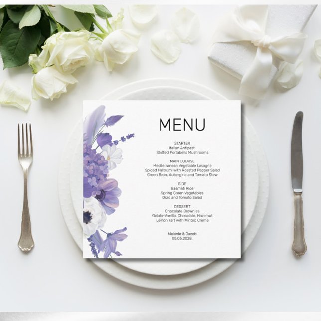 Cartão de Menu Simples De Casamento Floral Roxo (Criador carregado)