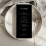 Cartão de Menu Simples de Casamento Preto Minimali<br><div class="desc">Projetado para coordenar com nossa coleção Minimalista All In One, este cartão de menu personalizável de correspondência apresenta um layout simples e limpo, com fonte clássica. Para personalização mais avançada deste design, por exemplo, alteração do layout, da fonte ou do tamanho do texto, clique no botão "PERSONALIZAR" acima. Por favor,...</div>