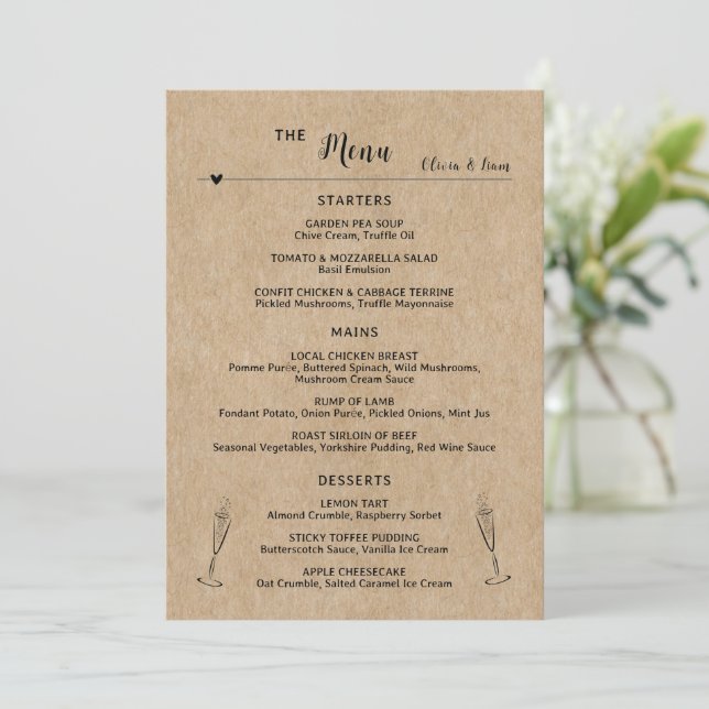 Cartão de Menu Simples para Mesa de Casamento de P (Em pé/Frente)