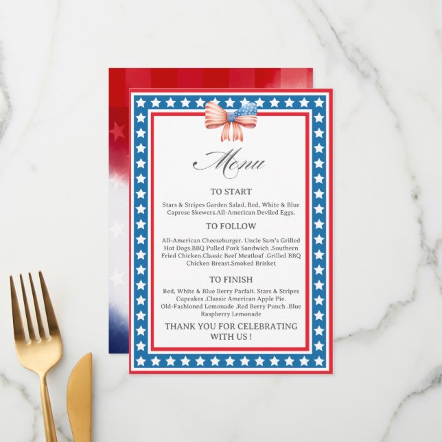 Cartão de Menu Tema Bandeira Americana EUA (Frente/Verso In Situ)