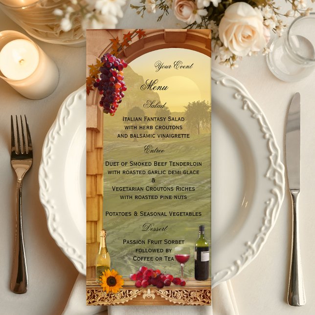 Cartão de Menu Temático de Vinha ou Vinho (Wedding menu card in vintage Italian style with a winery or vineyard theme)