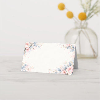 CARTÃO DE MESA 水彩フラワー 結婚式 席札 二つ折りプレイスカード ダスティブルー&くすみピンク 花柄