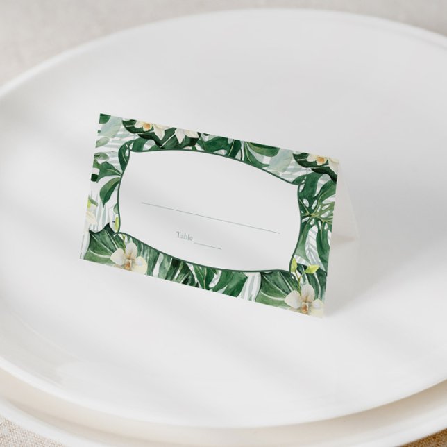 Cartão De Mesa A selva tropical sai da Comida de casamento ou da  (Tropical leaves with white orchids wedding escort cards or food tents)