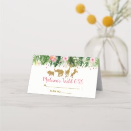 Cartão De Mesa Animais Safari Rosa e Dourado Selvagem Um Primeiro