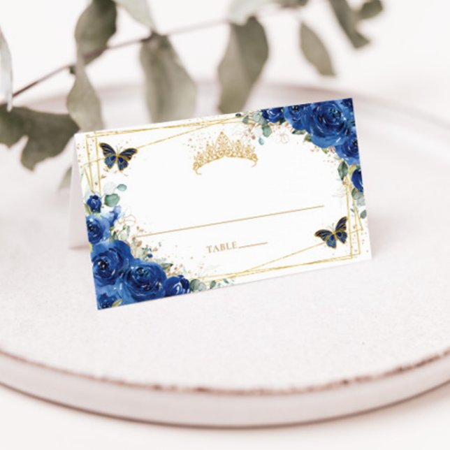 Cartão De Mesa Aniversário de Quinceañera Azul Royal Floral Borbo (Criador carregado)