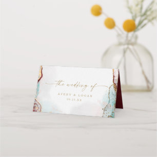 Cartão De Mesa Aqua Vermelha Abstrato Moderna e Casamento Dourado