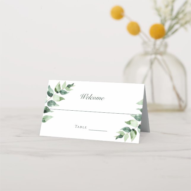 Cartão De Mesa Aquarela Eucalipto Casamento | Branco (Frente)