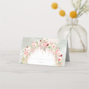 Cartão De Mesa Arco Floral Verde e Rosa Russo