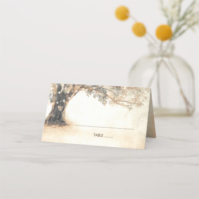 Cartão De Mesa Árvore de Carvalho Rústico e Casamento Cardíaco Es (Frente)