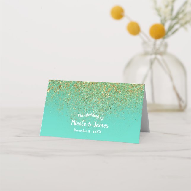 Cartão De Mesa Assento da mesa de festa azul aqua brilho dourado  (Frente)
