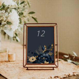 Cartão de Mesa Azul Dourado Luxe Floral de Casamen