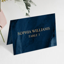 Cartão de Mesa Azul e Dourado de Casamento