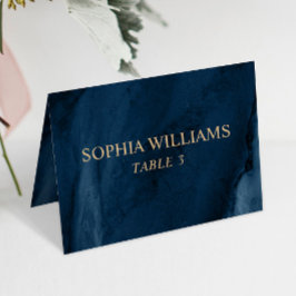 Cartão de Mesa Azul e Dourado de Casamento