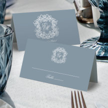 Azul Empoeirado Elegante Crista Monograma Casament