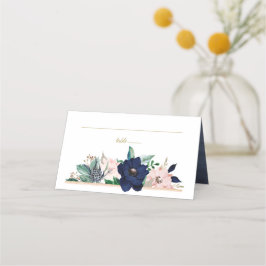 Cartão De Mesa Azul Empoeirado Rosa Empoeirado Dourado Floral Aqu