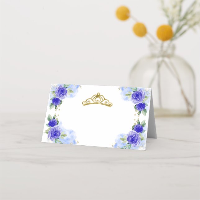 Cartão De Mesa Azul Floral Tiara Quinceanera (Frente)
