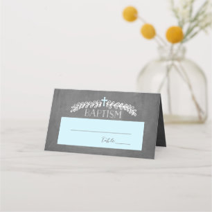 Cartão De Mesa Azul-Laurels Elegante Placecard de Batismo de Pon