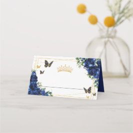 Cartão De Mesa Azul Real Floral Borboletas Douradas Quinceañera 1