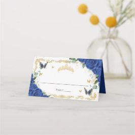 Cartão De Mesa Azul Real Floral Borboletas Quinceañera Sweet 16