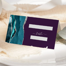 Cartão De Mesa Azul Teal Prateado Ágata Roxo Chique Casamento