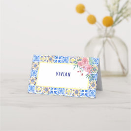 Cartão De Mesa Azulejo azul italiano Mamma Mia Chá de fraldas