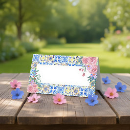 Cartão De Mesa Azulejo Azul Italiano Mamma Mia Em Branco