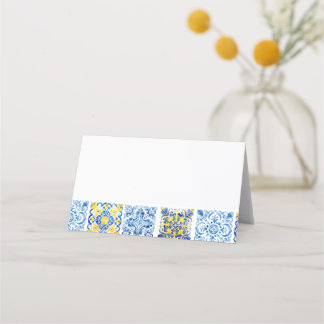 Cartão De Mesa Azulejo Azul Português Mediterrâneo Aquarela