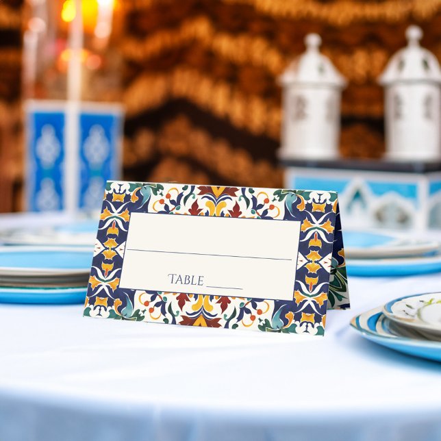 Cartão De Mesa Azulejo, casamento azul no Mediterrâneo (Azulejo blue Portuguese tiles Mediterranean Morocco themed wedding Place Card personalized decor)