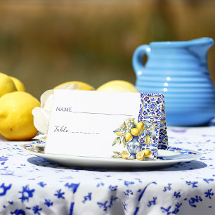 Cartão De Mesa Azulejos azuis italianos de Amalfi limões nome e m