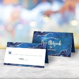 Cartão De Mesa Bar Mitzvah Modern Blue Agate Galaxy Watercolor