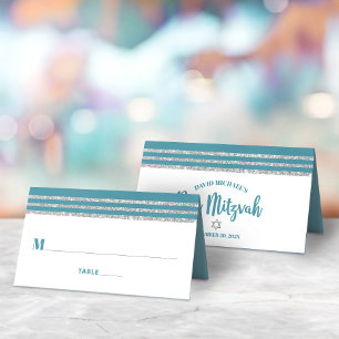 Cartão De Mesa Bar Mitzvah Modern Teal Silver Tallit Script Negri