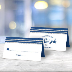 Cartão De Mesa Bar Mitzvah Moderno Tallit Azul Marinho Prateado S