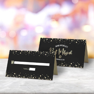 Cartão De Mesa Bat Mitzvah Black Gold Foil Script Confetti Modern
