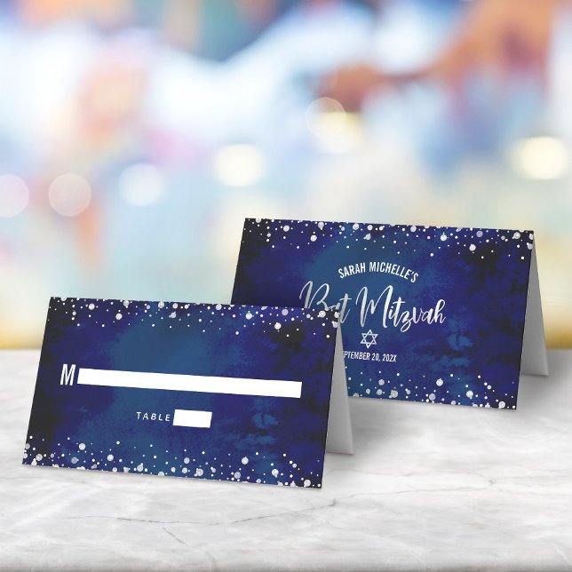 Cartão De Mesa Bat Mitzvah Marinha Aquarela Glitter Prata Script (Criador carregado)