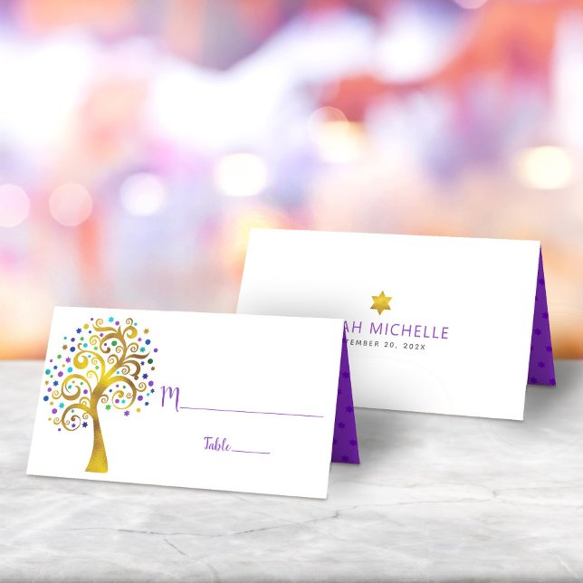 Cartão De Mesa Bat Mitzvah Modern Purple Gold Tree da Vida (Criador carregado)
